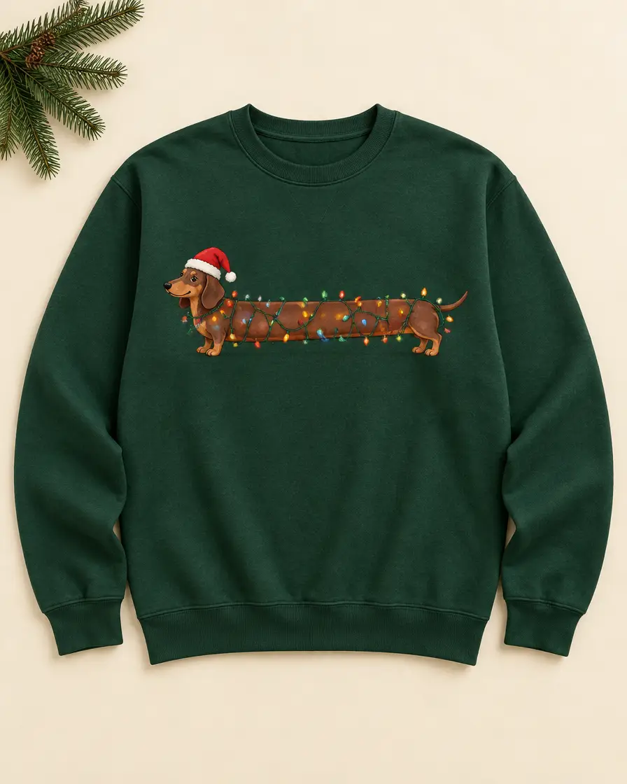 Grüner Pullover mit langem Dackel in Lichterkette