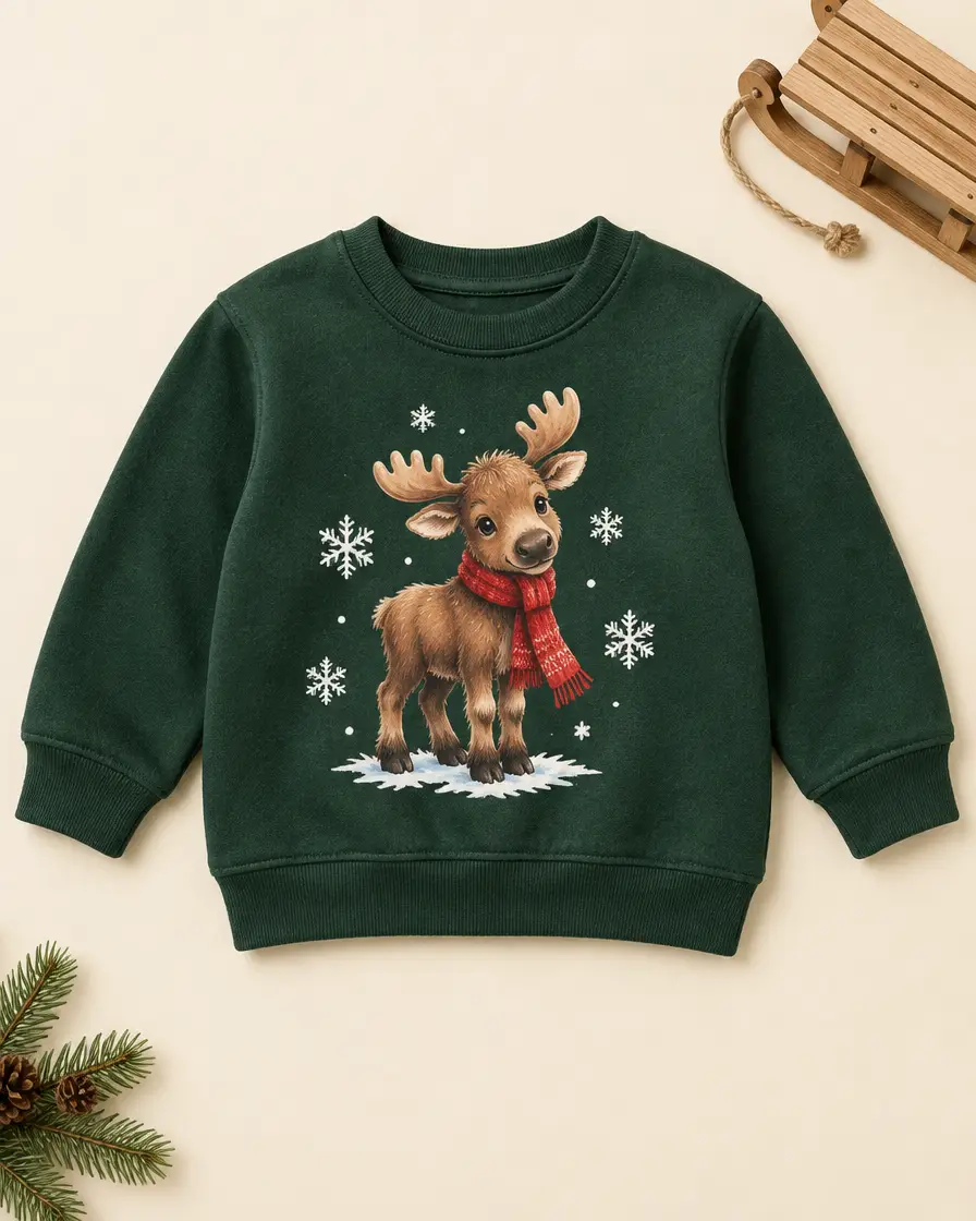 Grüner Kinderpullover mit kleinem Elch und Schal