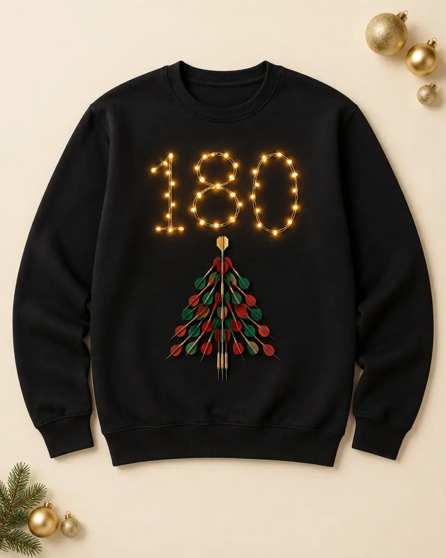 Schwarzer Pullover mit 180 aus Lichterketten und Tannenbaum aus Dartpfeilen